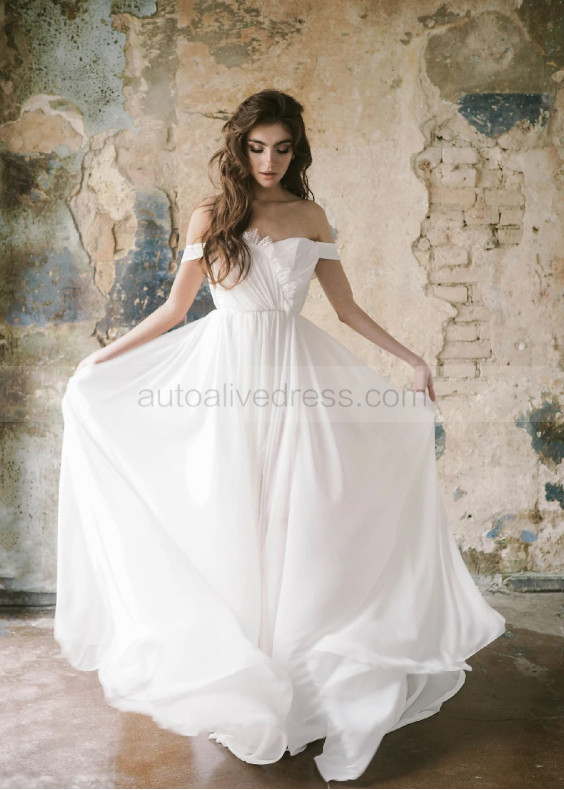 Off Shoulder Ivory Chiffon Lace Slit Bohemian Wedding Dress Off Shoulder Ivory Chiffon Lace Slit Bohemian Wedding Dress